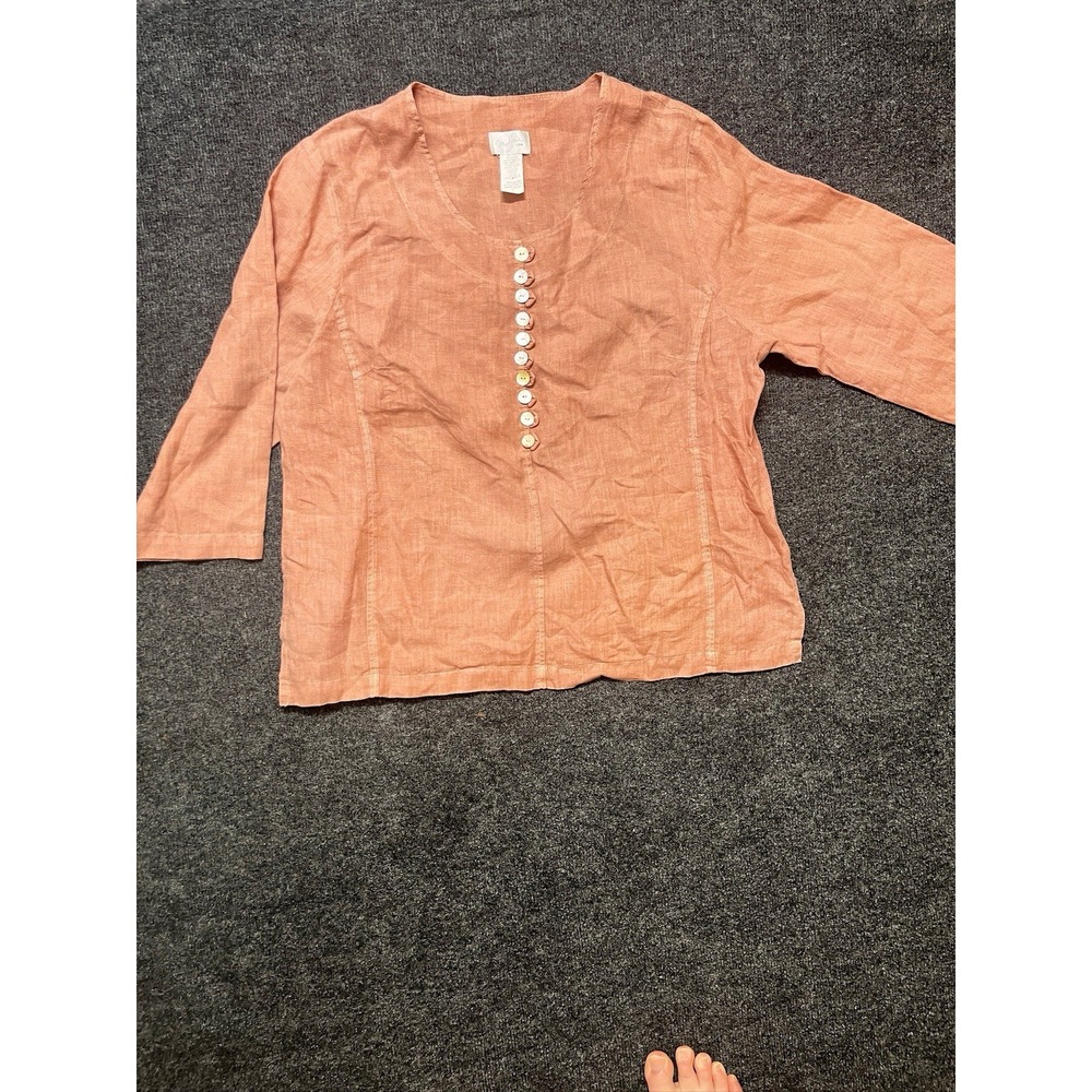 Mosaic Top Women's Linen 3/4 Sleeves Tunic Blue Sz L Lagenlook Resort Boho